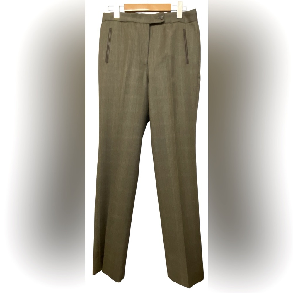 100% wool Tailor made trousers Spanish design EUC Size S olive green brown plaid